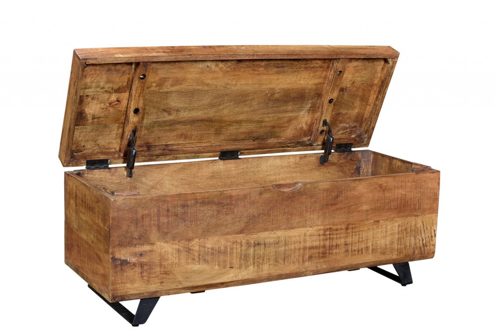 46" Brown and Black Distressed Solid Wood Storage Bench with Flip Top HomeRoots