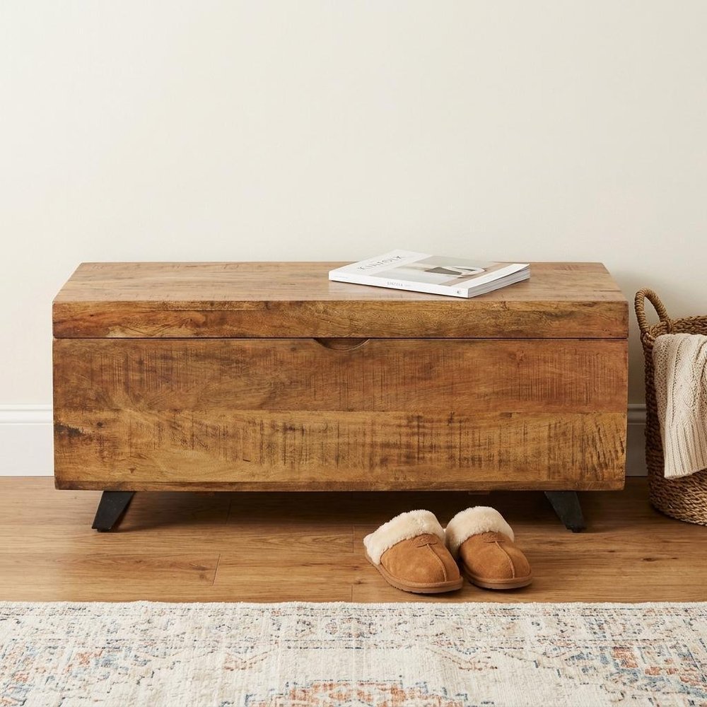 46" Brown and Black Distressed Solid Wood Storage Bench with Flip Top HomeRoots