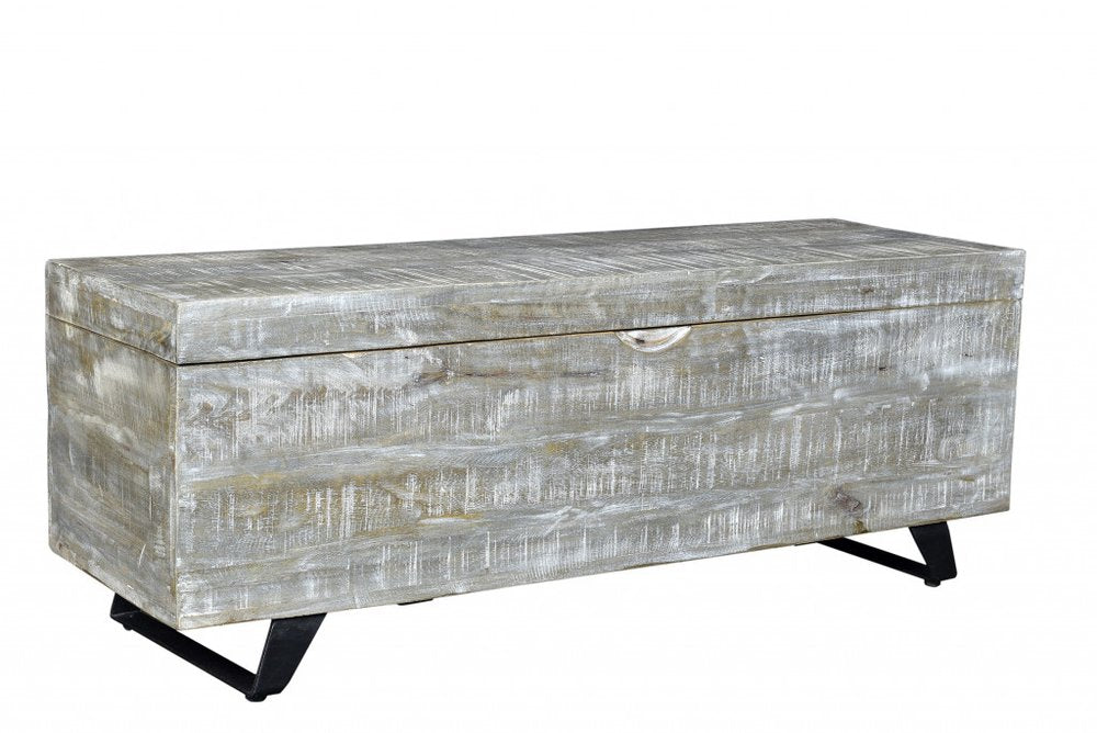 46" Gray and Black Distressed Solid Wood Storage Bench with Flip Top HomeRoots