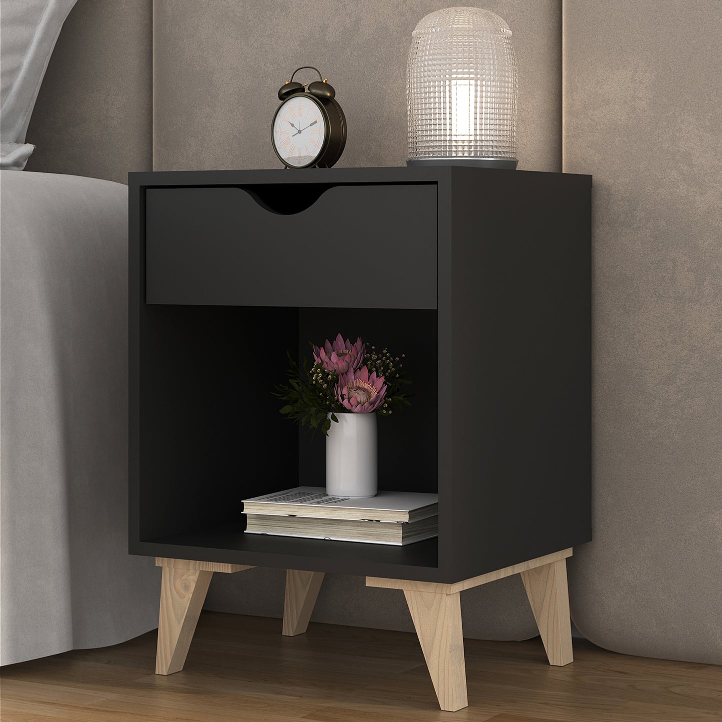 22" Black One Drawer Nightstand