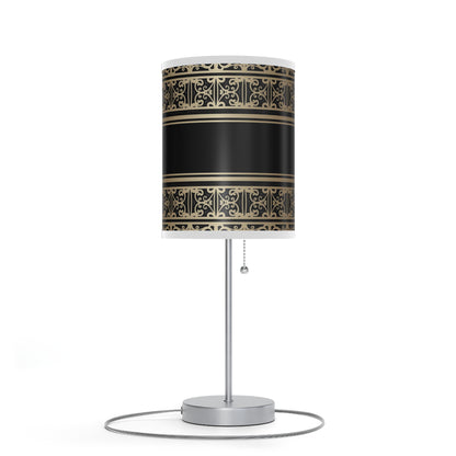 20" Silver Table Lamp With Black And Gold Striped Scroll Cylinder Shade