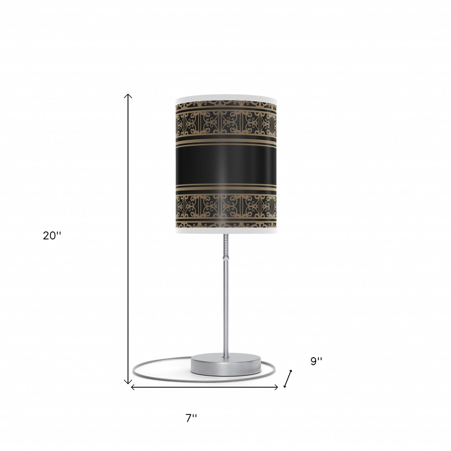 20" Silver Table Lamp With Black And Gold Striped Scroll Cylinder Shade