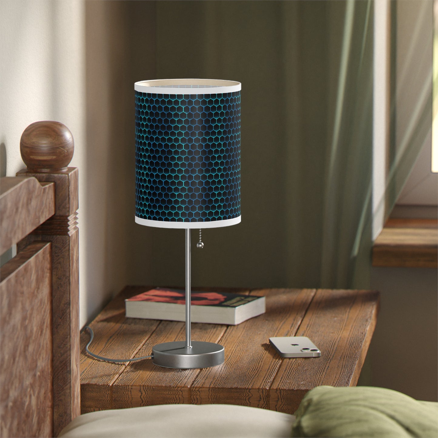 20" Silver Table Lamp With Black And Bright Honeycomb Cylinder Shade