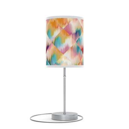 20" Silver Table Lamp With White And Colorful Abstract Ikat Cylinder Shade