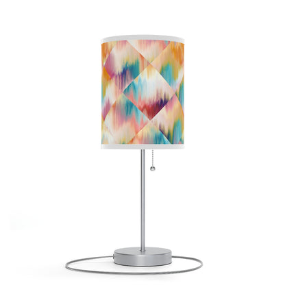 20" Silver Table Lamp With White And Colorful Abstract Ikat Cylinder Shade