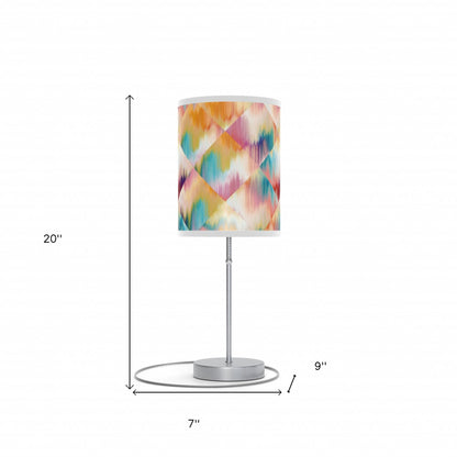 20" Silver Table Lamp With White And Colorful Abstract Ikat Cylinder Shade