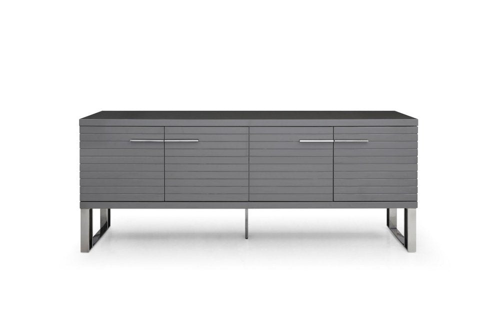 79" Dark Gray And Gunmetal Wood Ribbed Texture Buffet Table With Four Doors HomeRoots