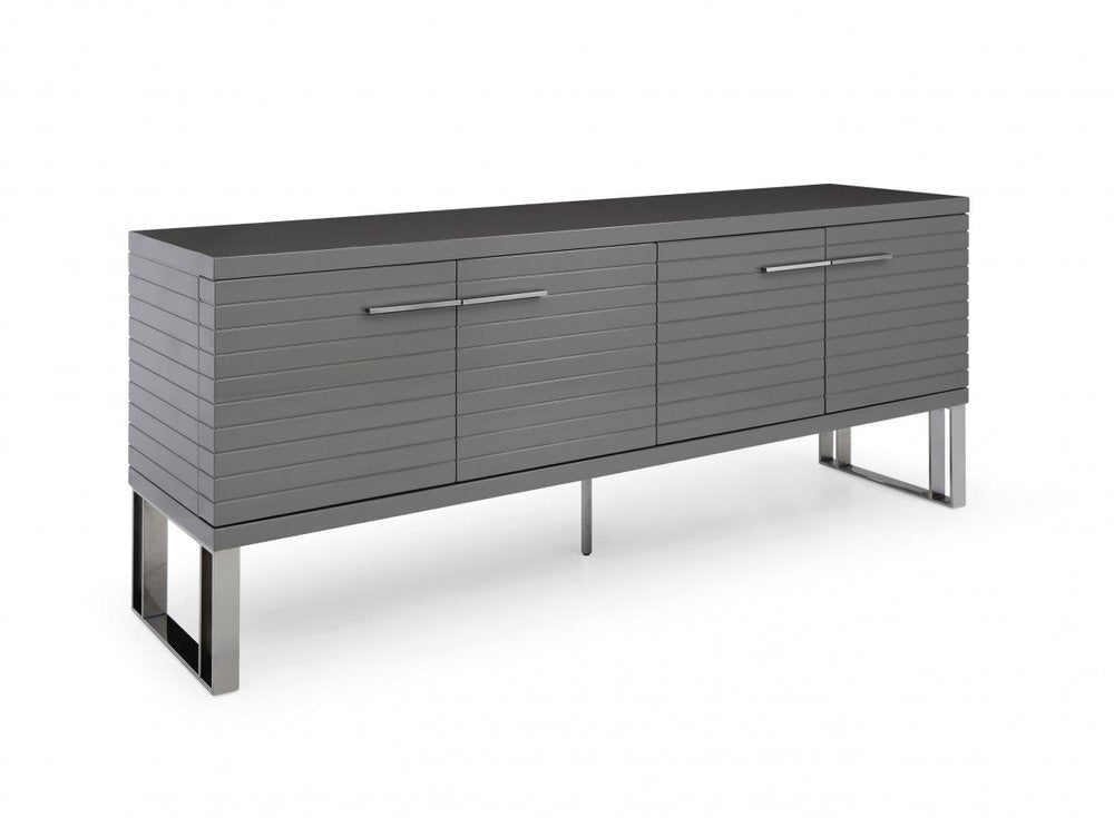 79" Dark Gray And Gunmetal Wood Ribbed Texture Buffet Table With Four Doors HomeRoots