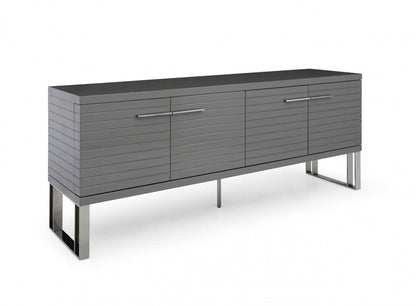 79" Dark Gray And Gunmetal Wood Ribbed Texture Buffet Table With Four Doors HomeRoots