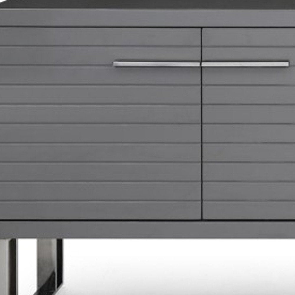 79" Dark Gray And Gunmetal Wood Ribbed Texture Buffet Table With Four Doors HomeRoots