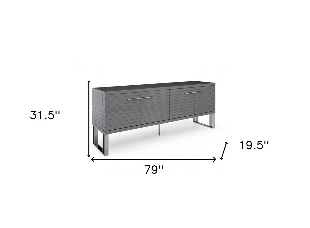 79" Dark Gray And Gunmetal Wood Ribbed Texture Buffet Table With Four Doors — view 6