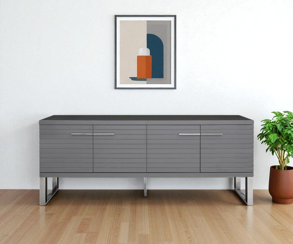 79" Dark Gray And Gunmetal Wood Ribbed Texture Buffet Table With Four Doors HomeRoots
