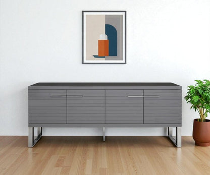 79" Dark Gray And Gunmetal Wood Ribbed Texture Buffet Table With Four Doors HomeRoots