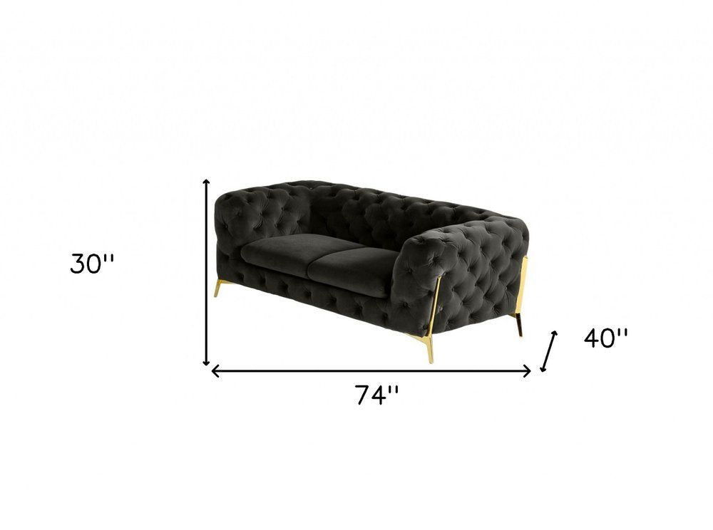 74" Dark Gray And Gold Velour Chesterfield Loveseat HomeRoots