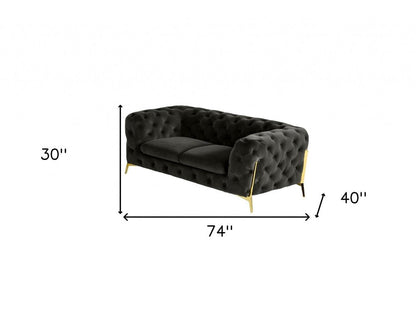 74" Dark Gray And Gold Velour Chesterfield Loveseat HomeRoots