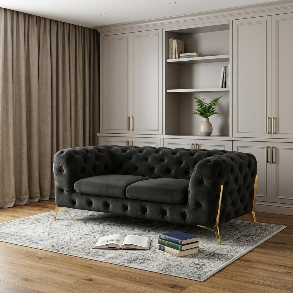 74" Dark Gray And Gold Velour Chesterfield Loveseat HomeRoots