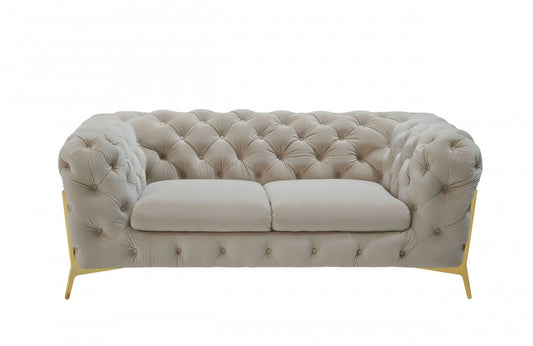 74" Beige And Gold Velvet Chesterfield Loveseat