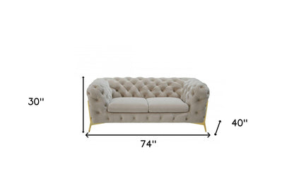 74" Beige And Gold Velvet Chesterfield Loveseat