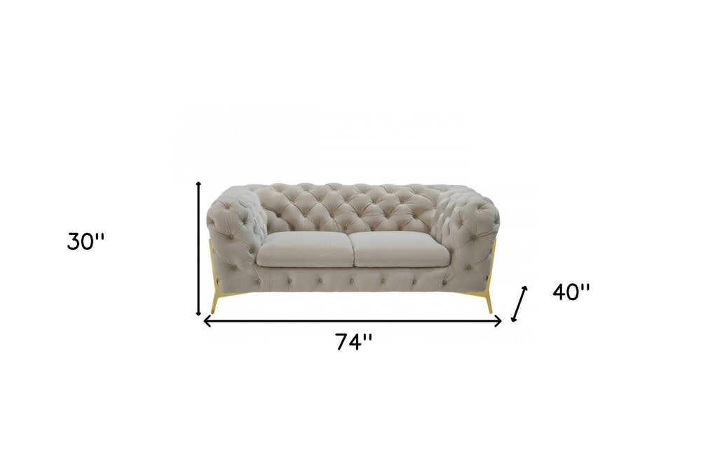 74" Beige And Gold Velvet Chesterfield Loveseat HomeRoots