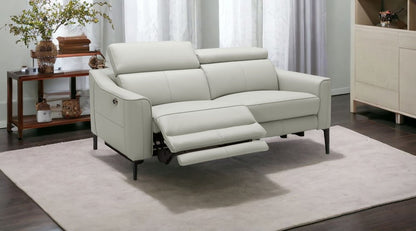 60" Gray And Black Top Grain Leather Power Reclining Loveseat HomeRoots