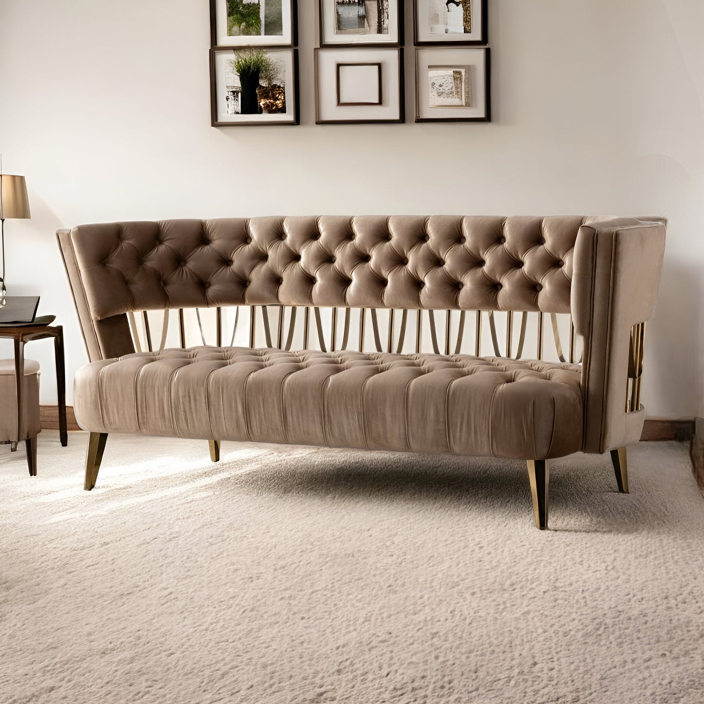 62" Beige And Gold Velvet Loveseat