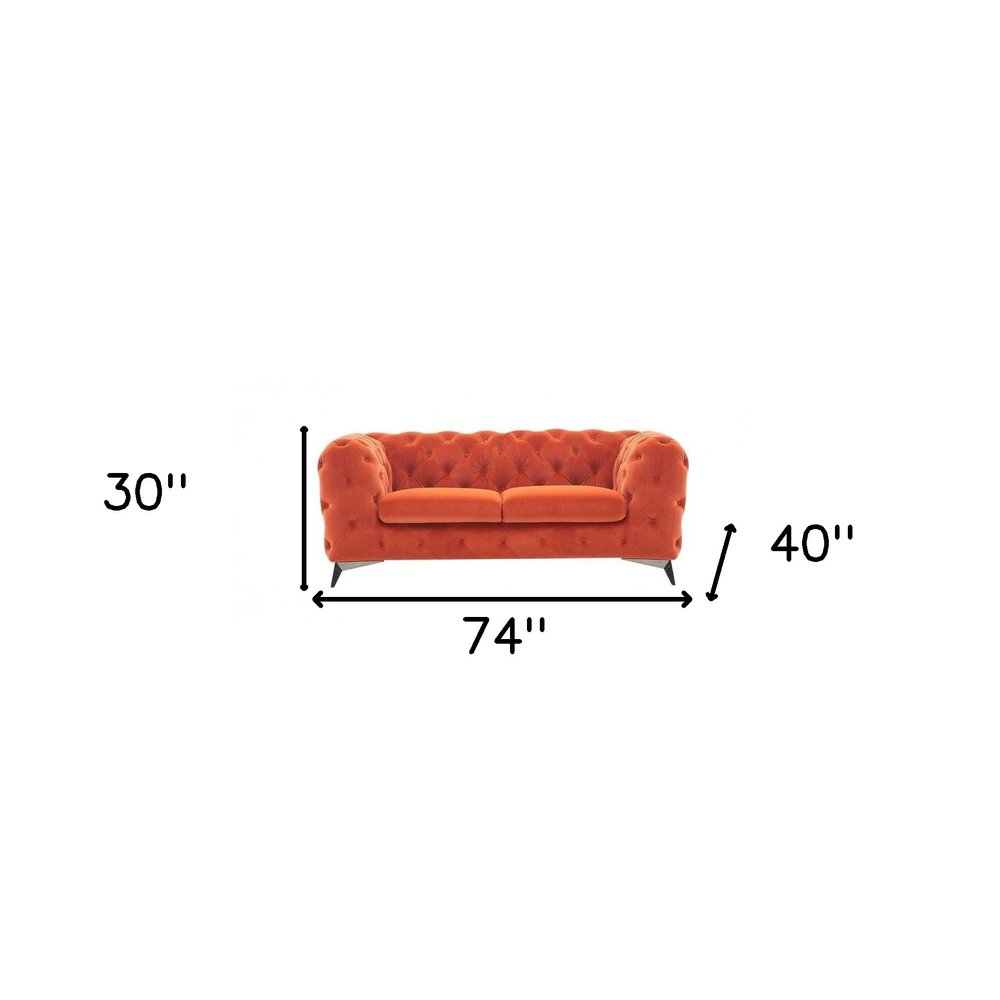 74" Orange And Silver Velvet Chesterfield Loveseat HomeRoots