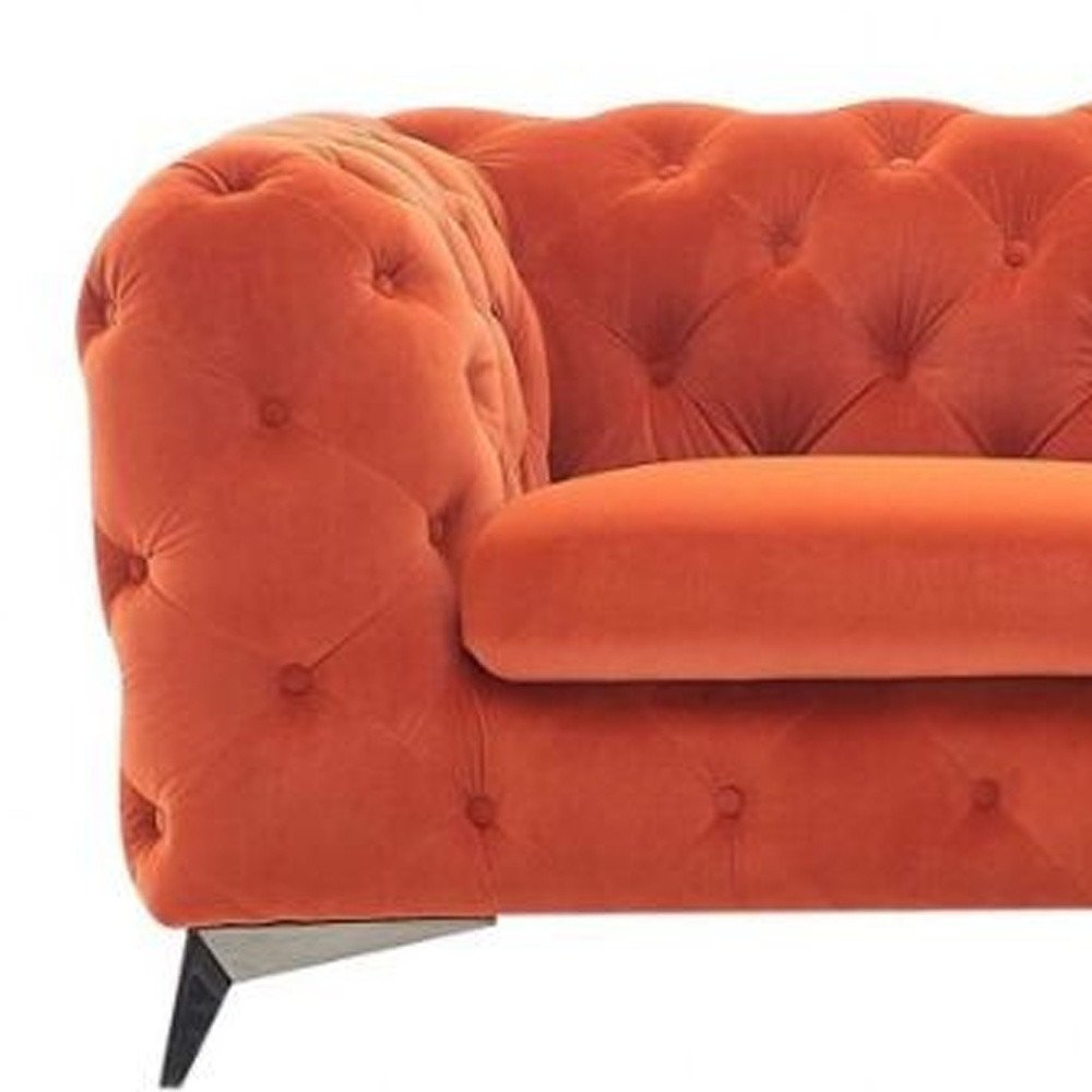 74" Orange And Silver Velvet Chesterfield Loveseat HomeRoots