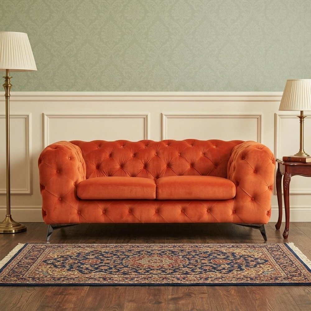 74" Orange And Silver Velvet Chesterfield Loveseat HomeRoots