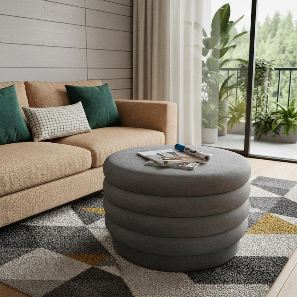 31" Gray Velvet Tufted Round Cocktail Ottoman HomeRoots