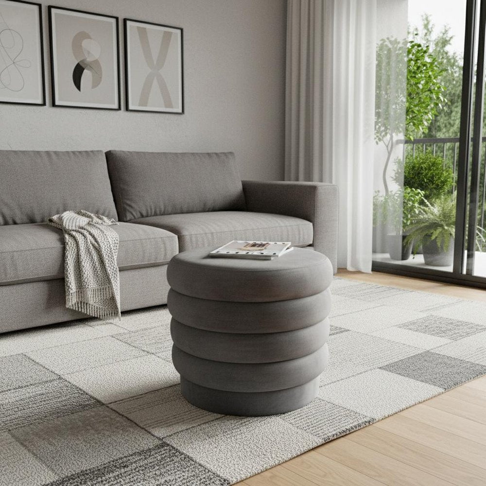 21" Gray Velvet Tufted Round Cocktail Ottoman HomeRoots