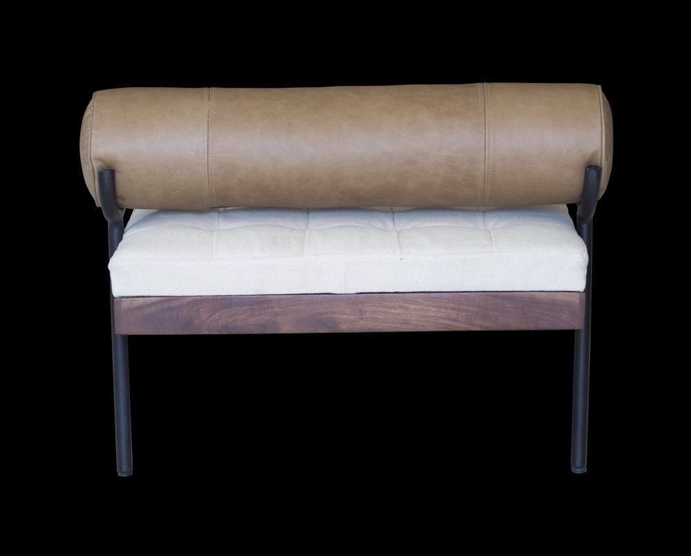 72" Ivory Brown And Black Tufted Cotton Wood And Metal Cushioned Bench With Pillow HomeRoots