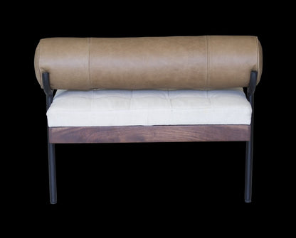72" Ivory Brown And Black Tufted Cotton Wood And Metal Cushioned Bench With Pillow HomeRoots