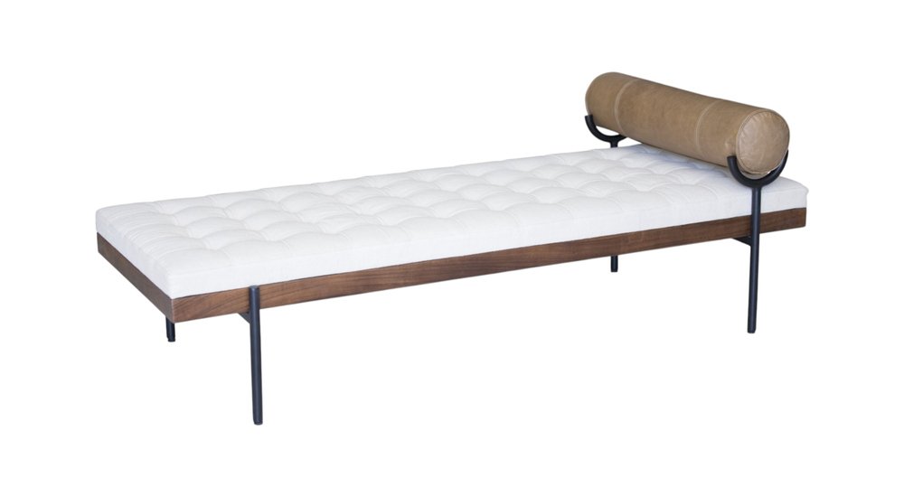 72" Ivory Brown And Black Tufted Cotton Wood And Metal Cushioned Bench With Pillow HomeRoots