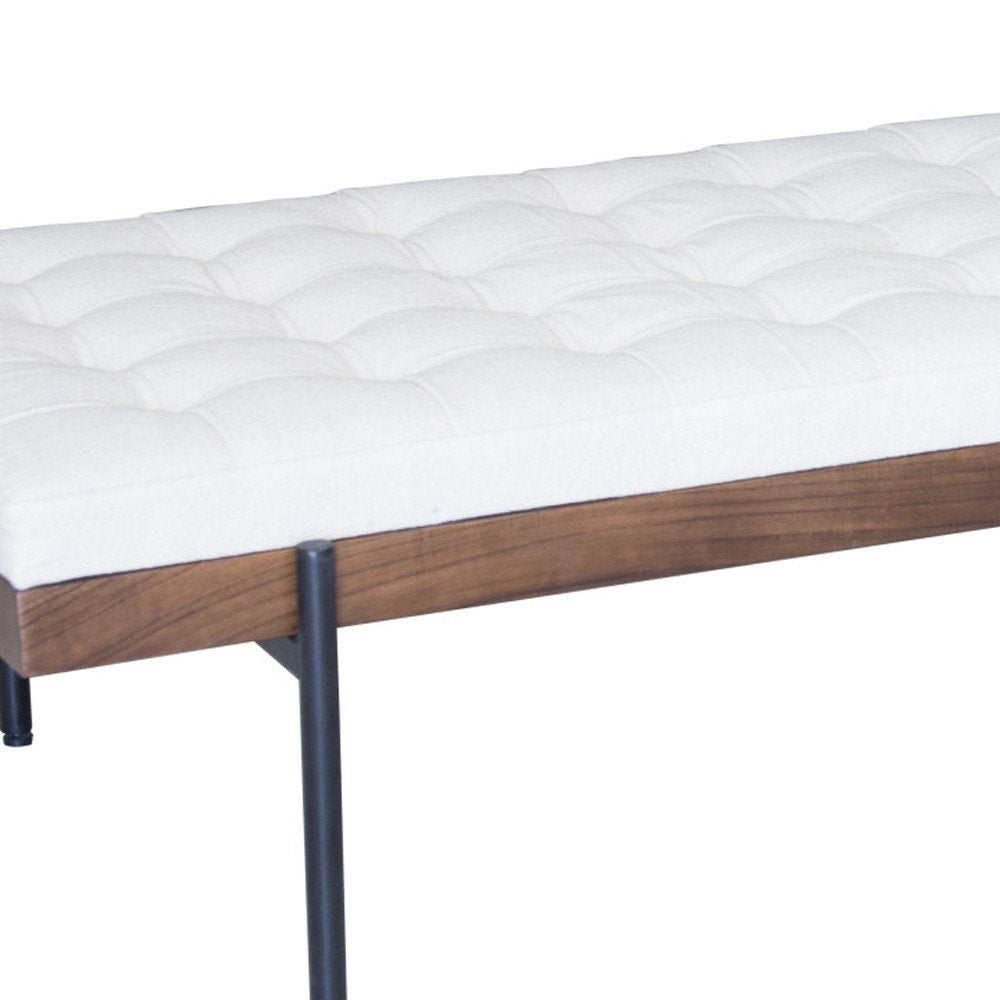 72" Ivory Brown And Black Tufted Cotton Wood And Metal Cushioned Bench With Pillow HomeRoots