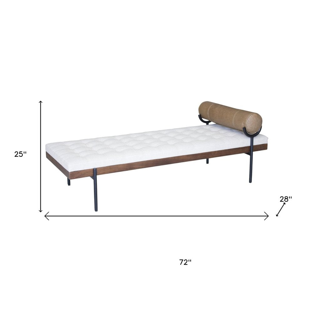 72" Ivory Brown And Black Tufted Cotton Wood And Metal Cushioned Bench With Pillow HomeRoots