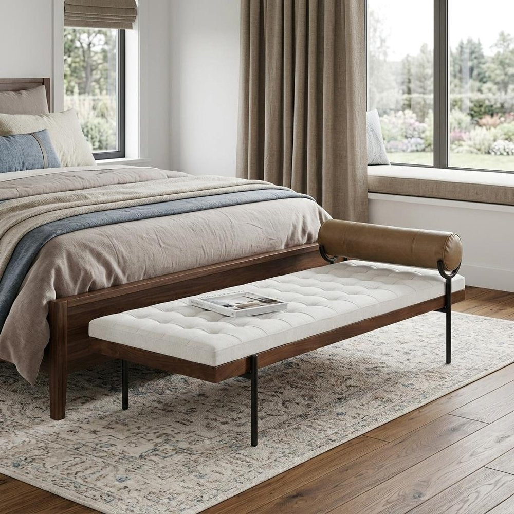 72" Ivory Brown And Black Tufted Cotton Wood And Metal Cushioned Bench With Pillow HomeRoots