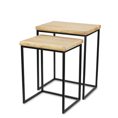 Set Of Two 25" Black And Brown Solid Wood And Steel Rectangular Nested Tables