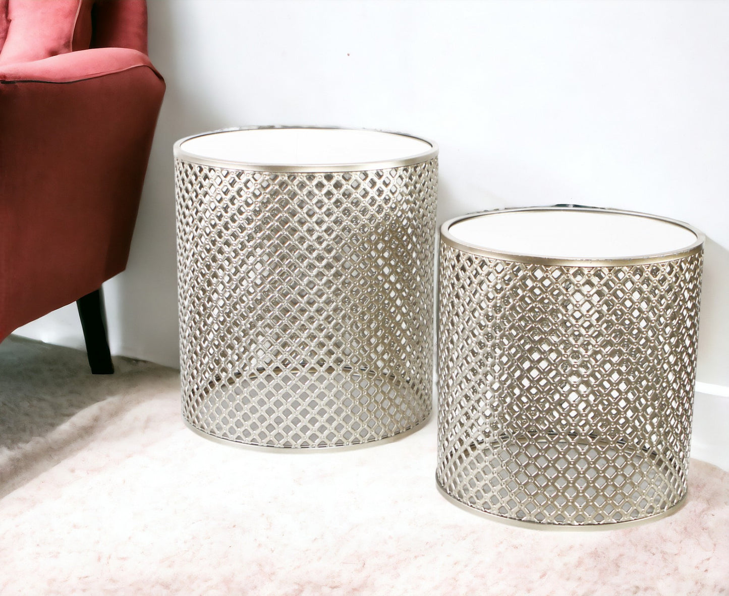 Set of Two 21" Silver And White Mirrored Round Mirrored Nested Tables