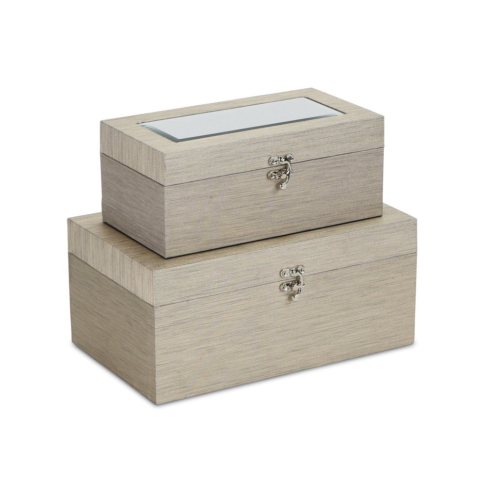 Set of Two Rose Gold Nesting Wood And Mirrored Glass Organizing Box With Lid HomeRoots