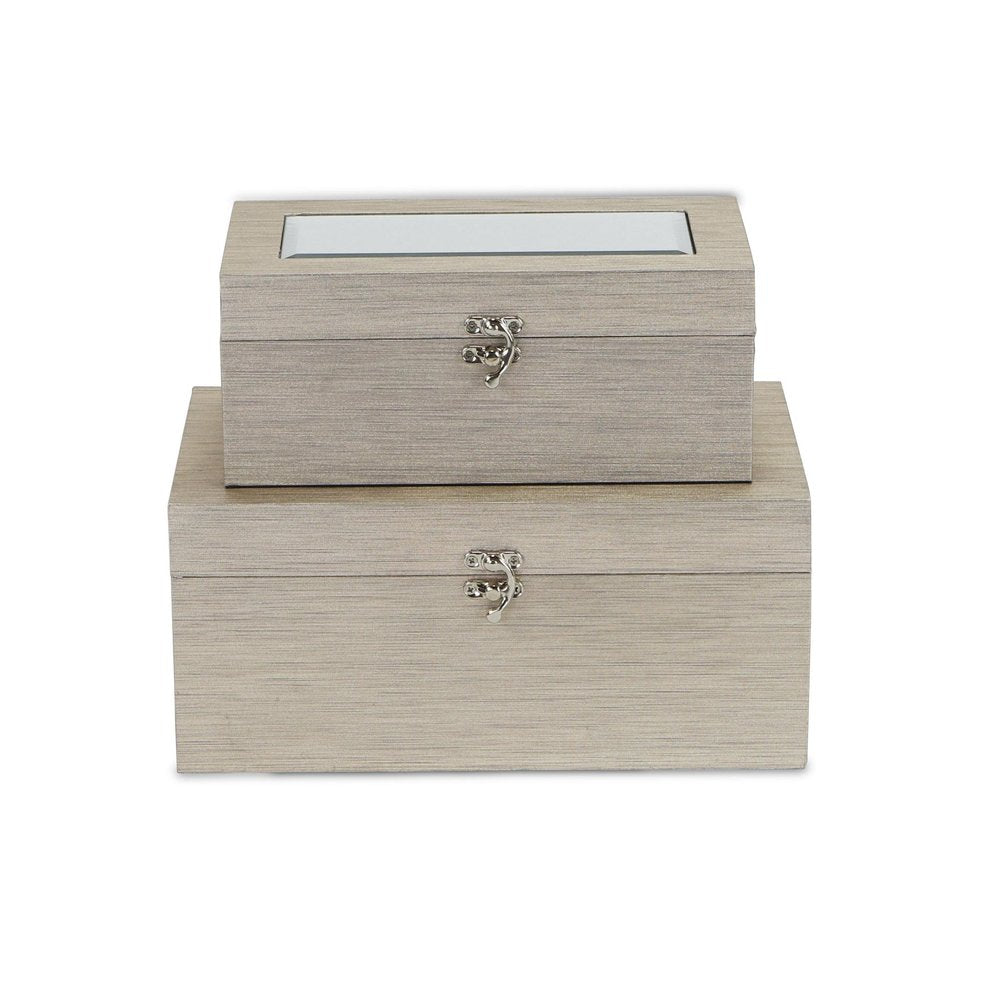 Set of Two Rose Gold Nesting Wood And Mirrored Glass Organizing Box With Lid HomeRoots