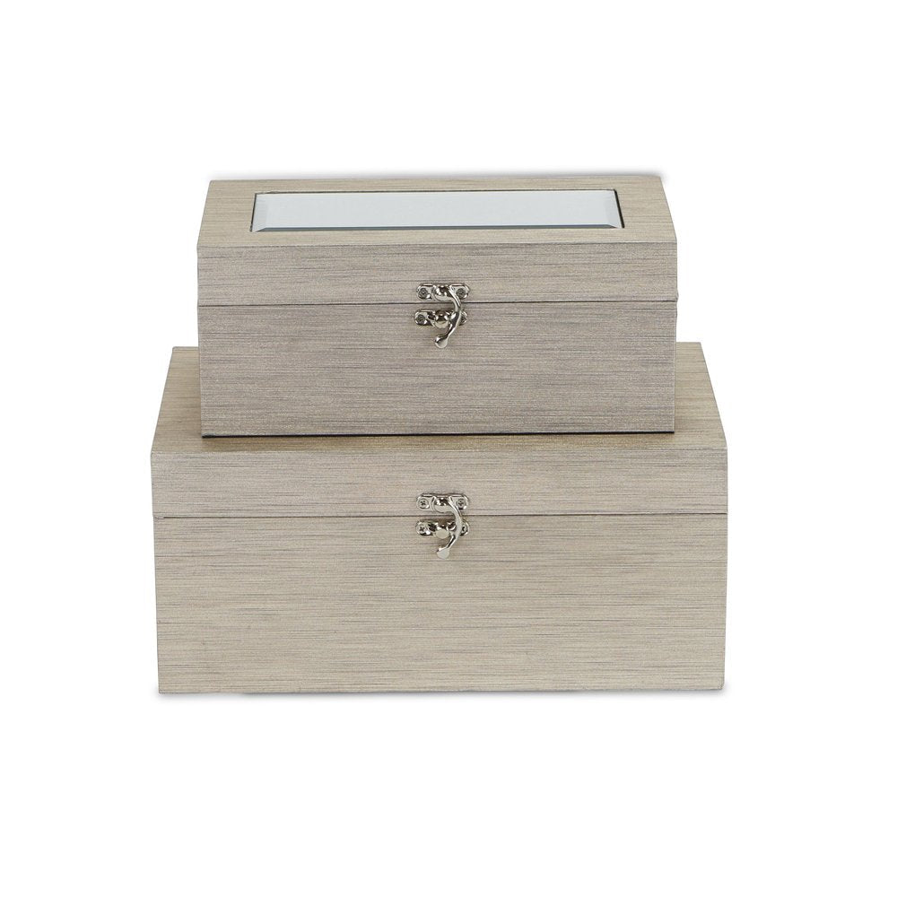 Set of Two Rose Gold Nesting Wood And Mirrored Glass Organizing Box With Lid HomeRoots