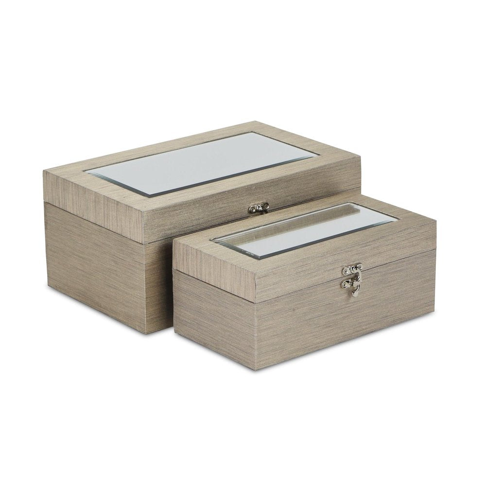 Set of Two Rose Gold Nesting Wood And Mirrored Glass Organizing Box With Lid HomeRoots