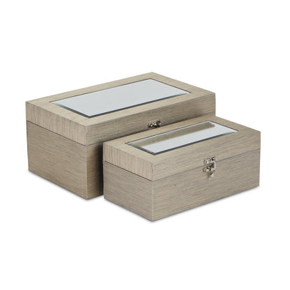 Set of Two Rose Gold Nesting Wood And Mirrored Glass Organizing Box With Lid HomeRoots
