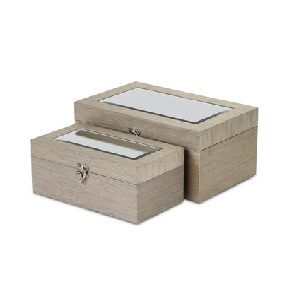 Set of Two Rose Gold Nesting Wood And Mirrored Glass Organizing Box With Lid HomeRoots
