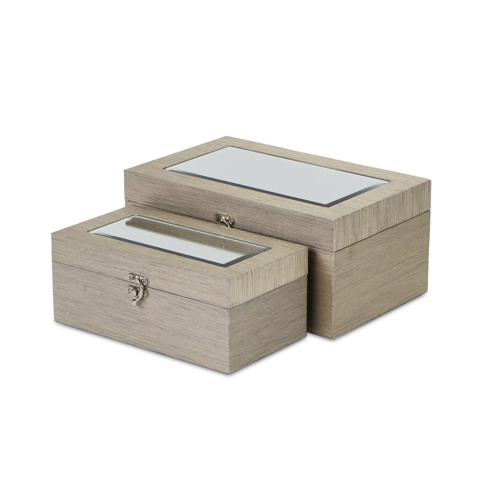 Set of Two Rose Gold Nesting Wood And Mirrored Glass Organizing Box With Lid HomeRoots