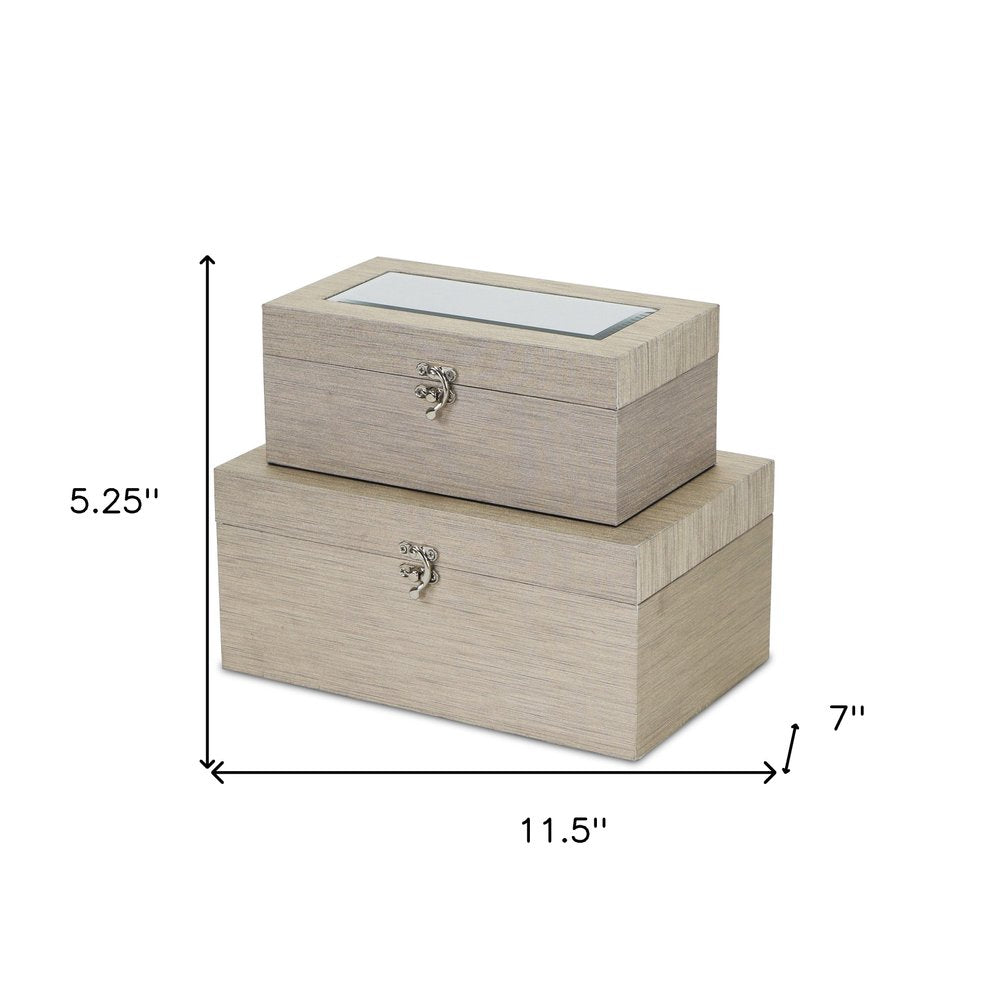 Set of Two Rose Gold Nesting Wood And Mirrored Glass Organizing Box With Lid HomeRoots