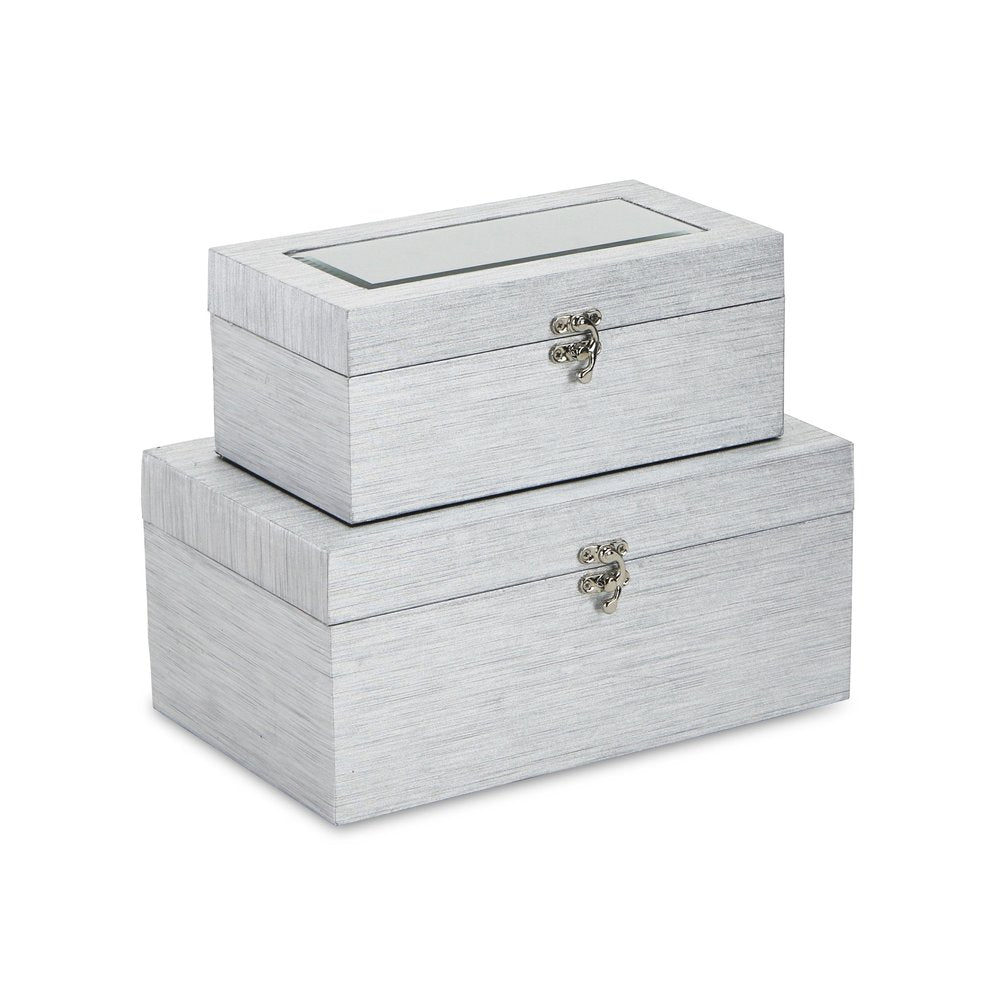 Set of Two Silver Nesting Wood And Mirrored Glass Organizing Box With Lid HomeRoots