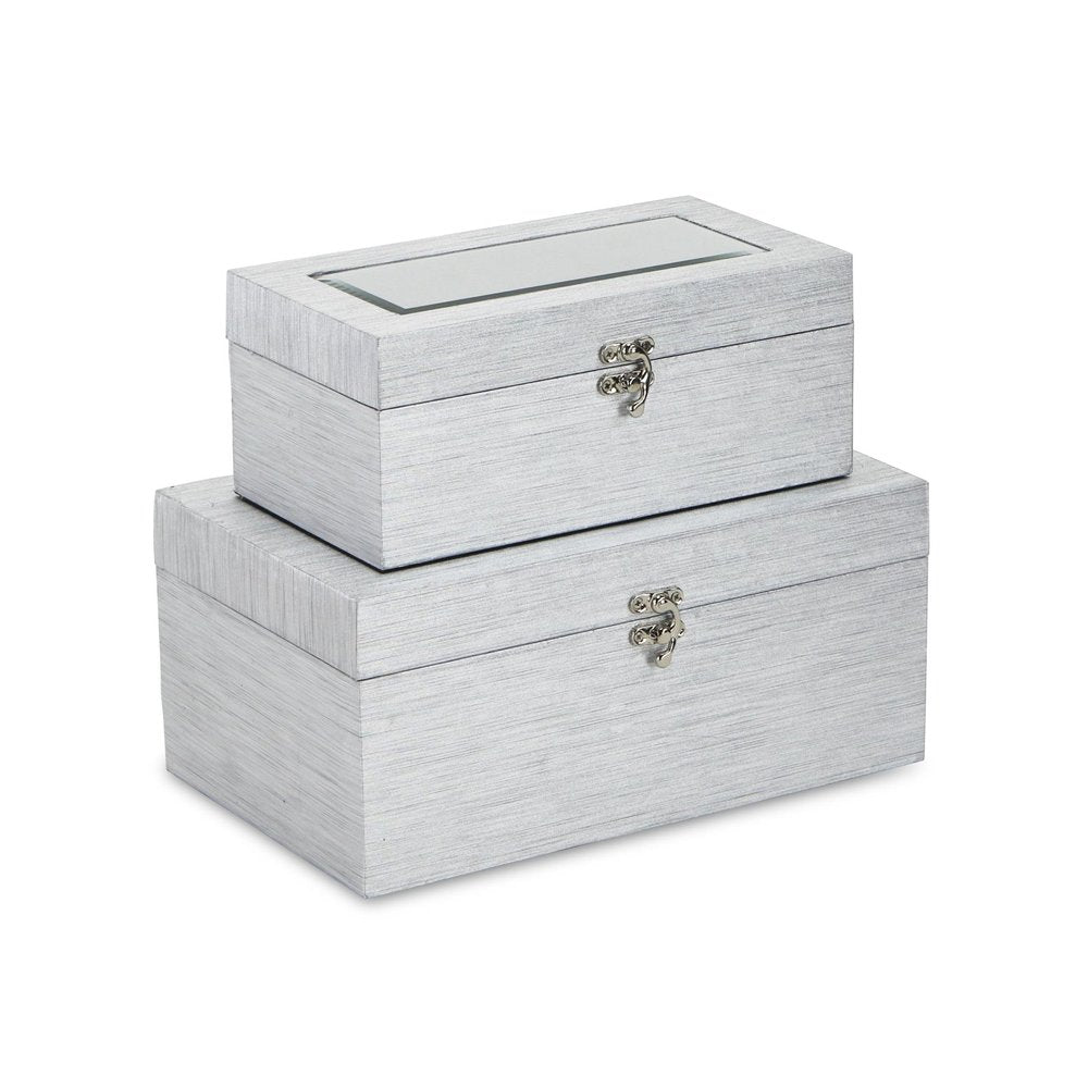 Set of Two Silver Nesting Wood And Mirrored Glass Organizing Box With Lid HomeRoots