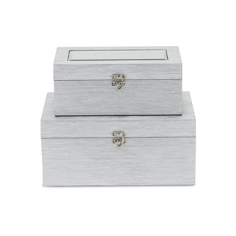Set of Two Silver Nesting Wood And Mirrored Glass Organizing Box With Lid HomeRoots