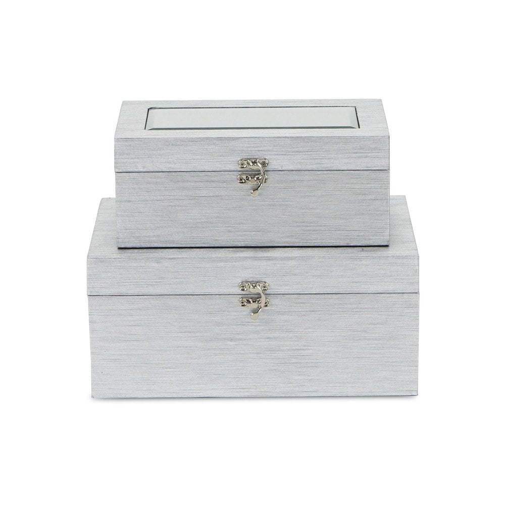 Set of Two Silver Nesting Wood And Mirrored Glass Organizing Box With Lid HomeRoots